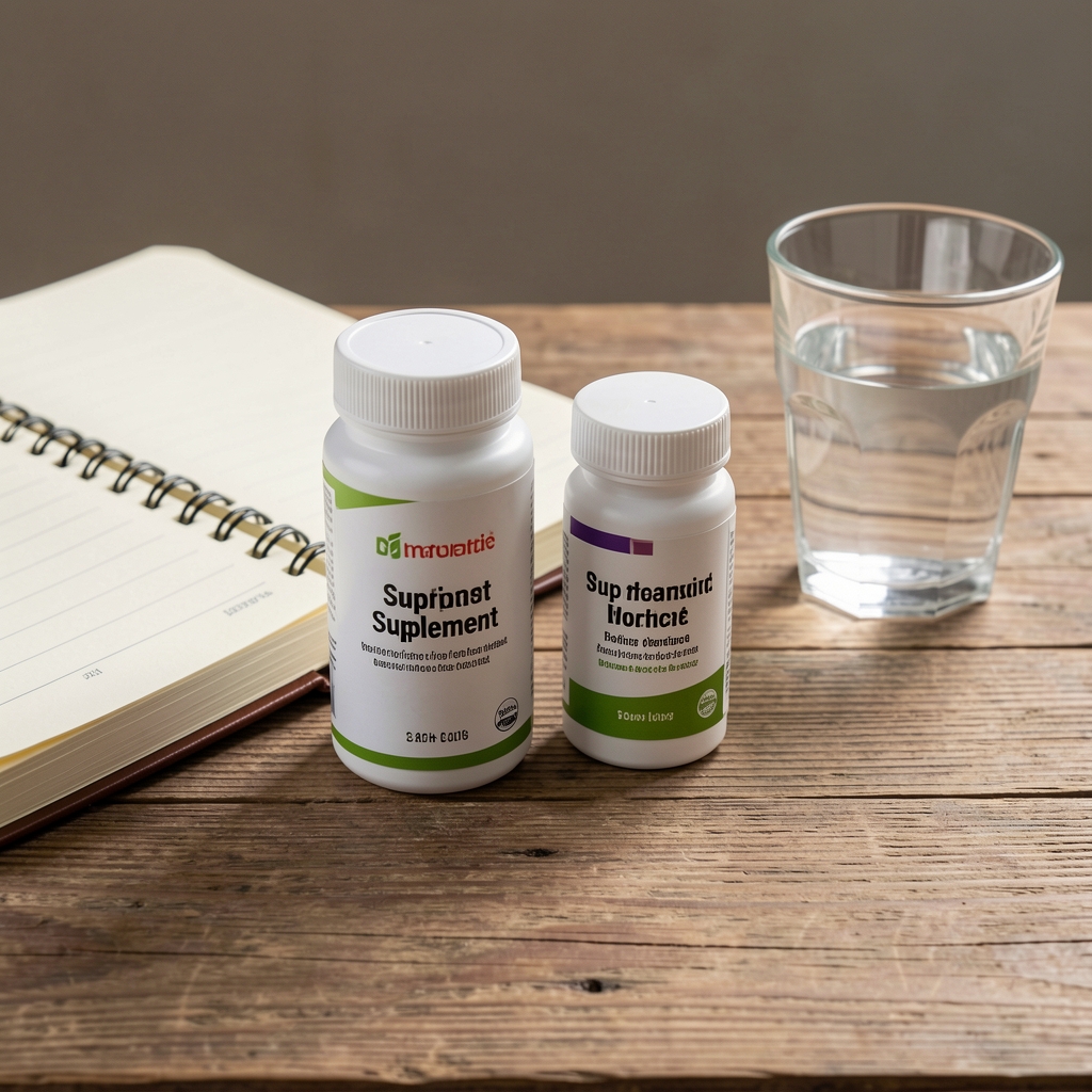 Supplement containers arranged on a wooden surface beside a morning journal and glass of water
