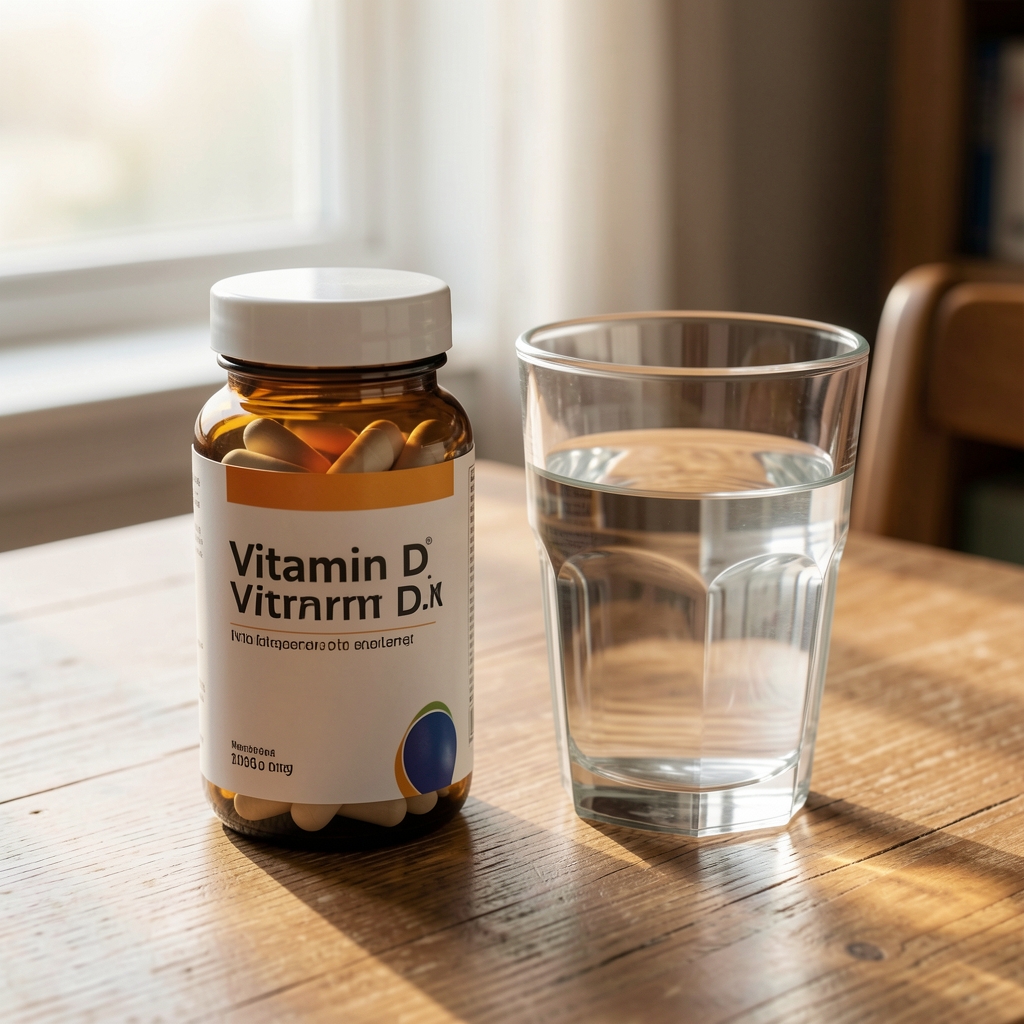 Supplement containers and vitamin bottles arranged on a wooden desk, minimal editorial flat lay with natural morning light