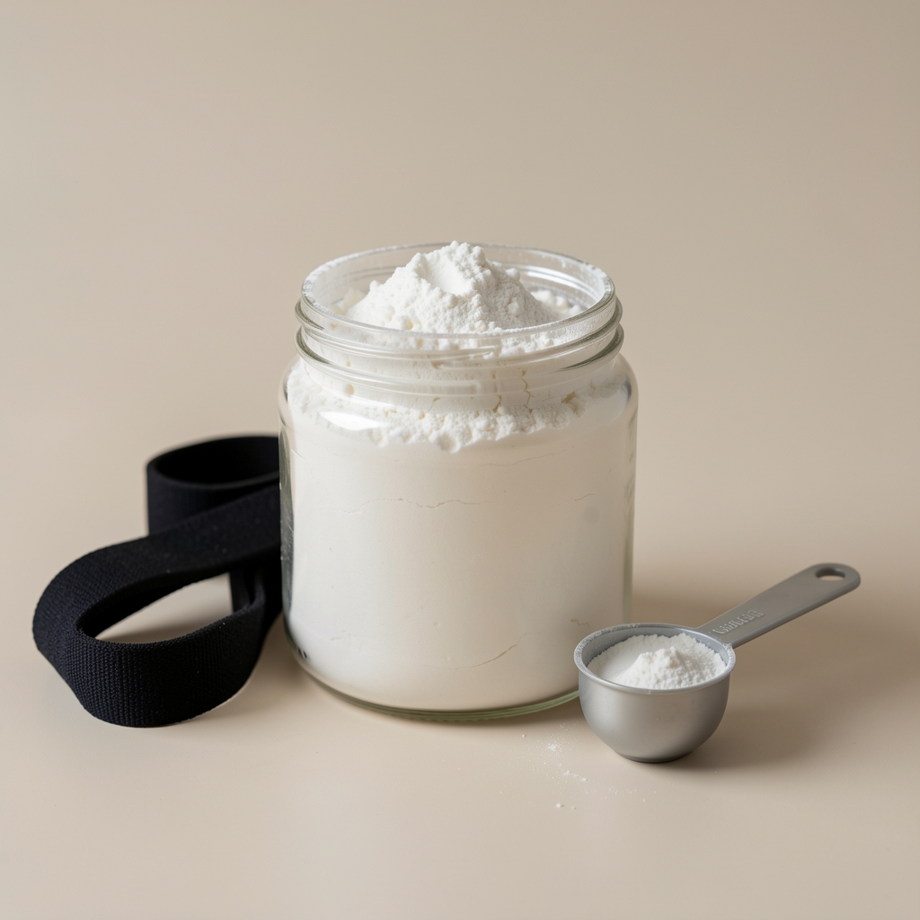 Gym bag and protein powder container on clean white surface, editorial still life composition, overhead view