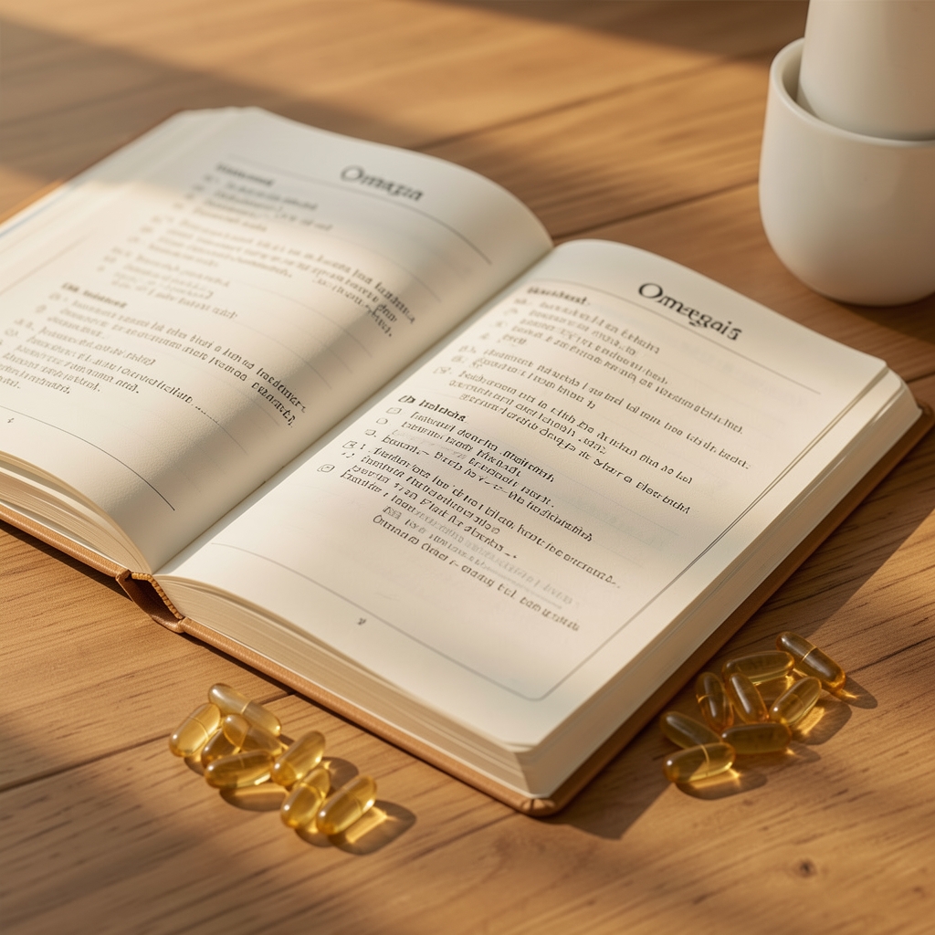 Omega-3 fish oil portions arranged on a pale linen surface, close-up editorial photography with soft natural light